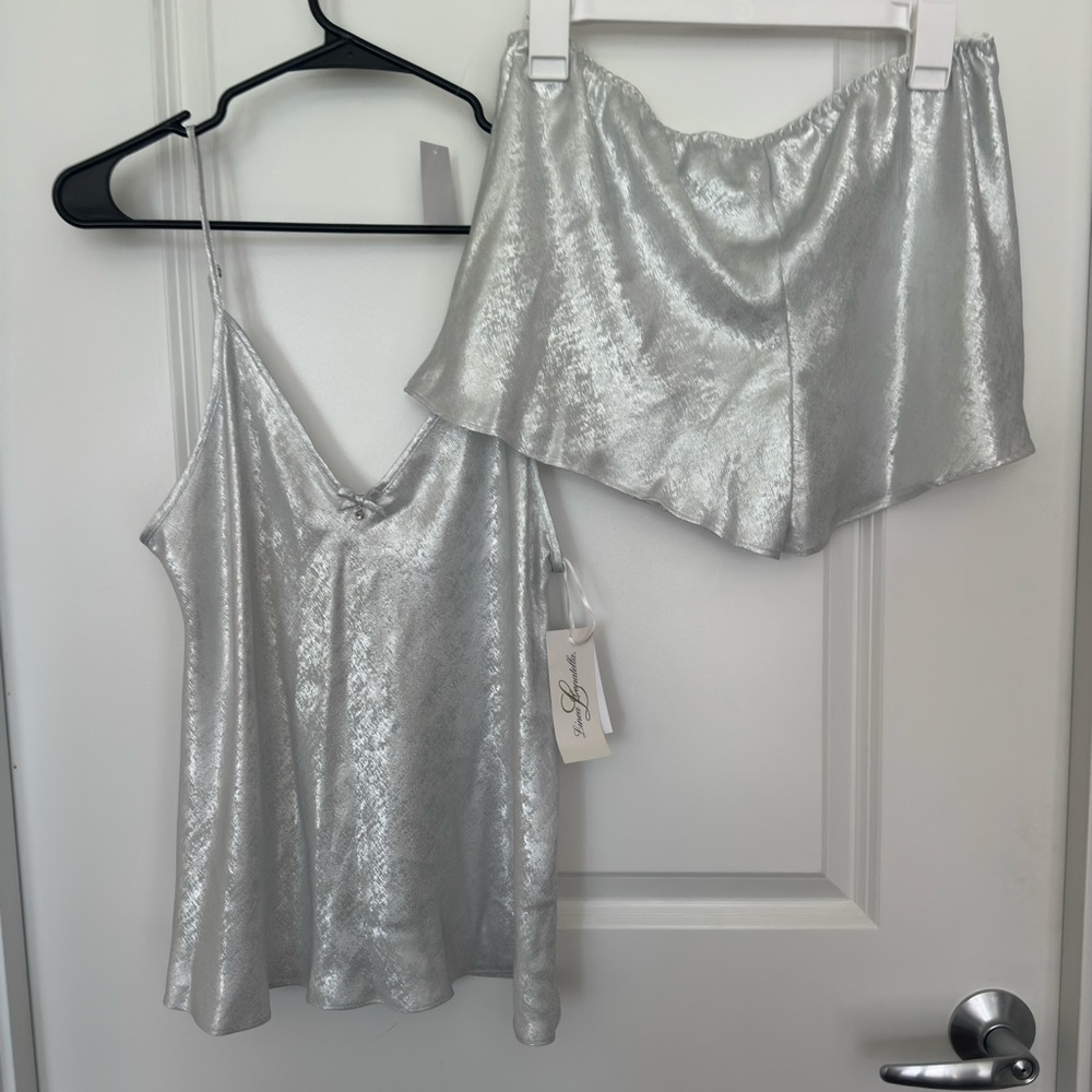 Lines Donatella NWT Silver metallic Satin Cami and Shorts Set